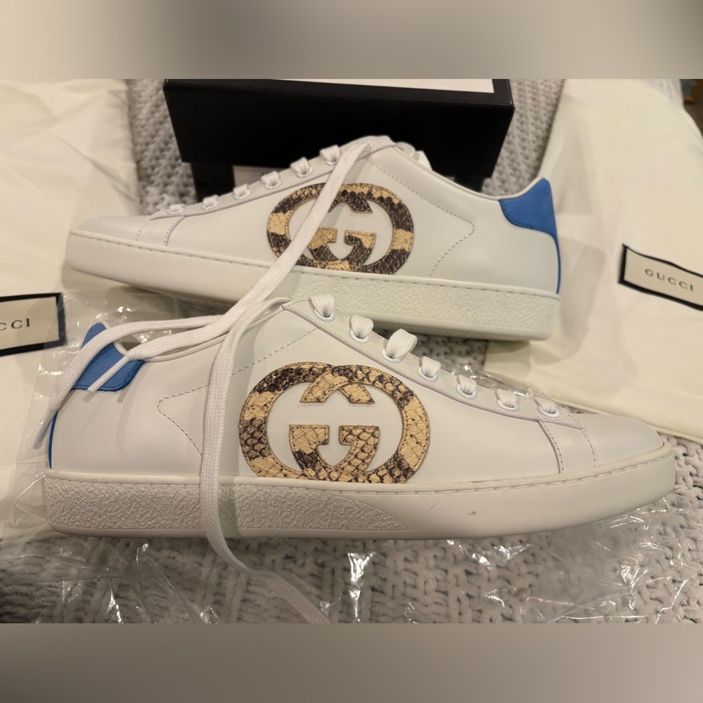 Gucci Miro Soft Python White Sneakers with Blue and Snake Print Details